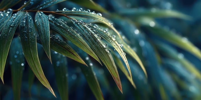 Dew drops collect on lush green leaves during early morning light near a tranquil garden photo