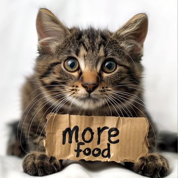 cat and paws holds a cardboard sign that says more food photo