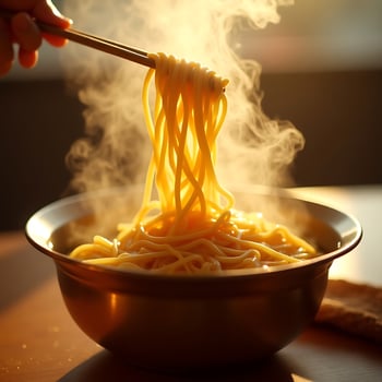 Eating Hot Noodles with Chopsticks in a Bowl with Steam photo