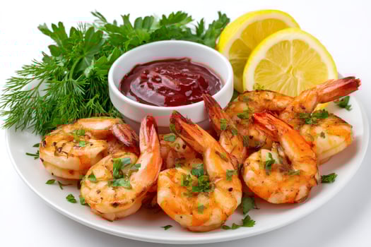 Grilled shrimps served with cocktail sauce, lemon and herbs photo