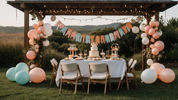 Celebration setup with decorated table and balloon arch in a countryside location during sunset photo