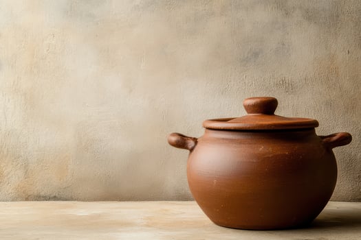 Clay pot displayed on a rustic surface photo