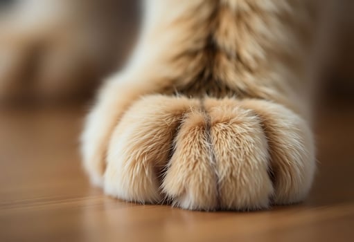 close up of a cat's paw on a wooden floor photo