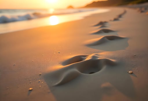 Footprints in the sand at sunset photo