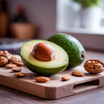 half-cut avocado with oil rosemary and seeds on a wooden photo
