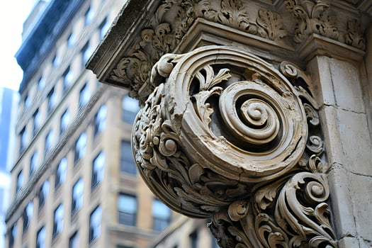 Architectural detail showing decorative stone capital with spiral and acanthus leaves photo