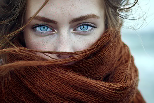 Portrait of freckled model with brown scarf and blue eyes looking at camera photo