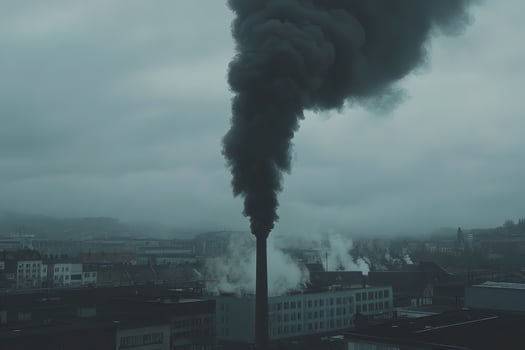 Dramatic photo of thick black smoke billowing from factory chimney under moody overcast sky and urban background. themes of air pollution, environmental crisis, industrial impact
