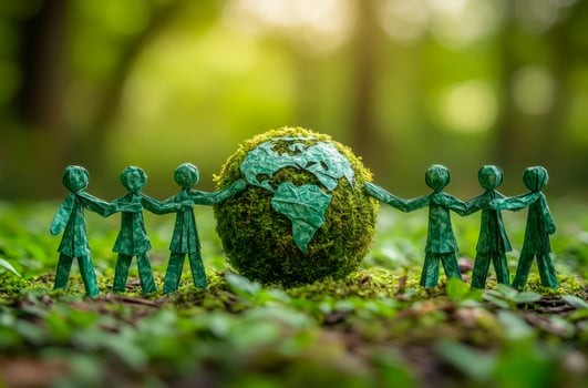 Green figures with globe. Colorful paper figures hold hands around a green planet, symbolizing unity and environmental conservation. photo
