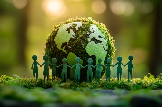 United for Earth's awareness. Paper figures hold hands around a green globe, symbolizing unity and commitment to environmental protection in nature. photo