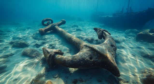 Ancient anchor resting on ocean floor. Rustic anchor lies on the sandy ocean floor surrounded by rocks and remnants of a shipwreck under clear water. photo