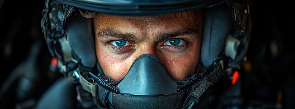 Pilot readies for fast flight. A skilled fighter pilot focuses intensely before takeoff in a military aircraft during daylight hours. photo
