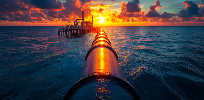 Ocean sunset with pipeline view. A vibrant sunset paints the sky in orange and purple hues as a pipeline stretches over calm ocean waters. photo