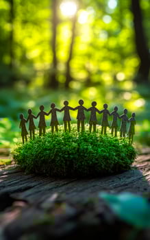 Figures unite in green woods. Small metallic figures stand hand in hand atop lush green moss in a vibrant forest, symbolizing unity and connection. photo