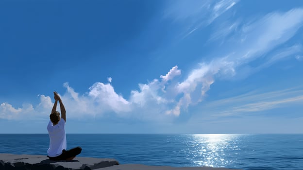Meditation by the tranquil ocean under a clear blue sky during sunrise photo