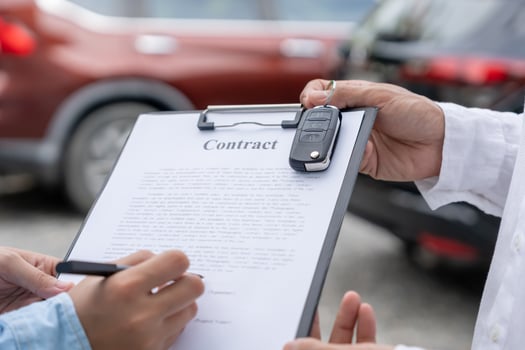 rental car, sell, buy. Dealership send contract and car keys to new owner to sign. Sales, loan credit financial, rent vehicle, insurance, renting, Seller, dealer, installment, car care business photo