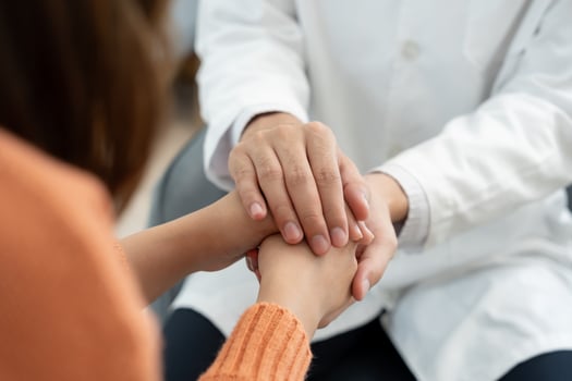 psychiatrist hold hand support each while discussing family issues. doctor encourages and empathy woman suffers depression. psychological, save divorce, Hand in hand together photo
