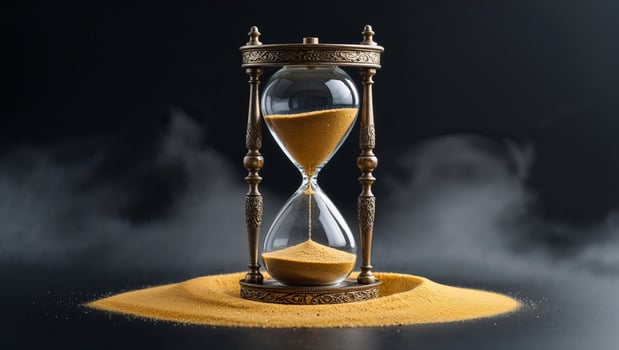 Beautifully crafted hourglass with golden sand in a misty atmosphere creating a sense of time passing and contemplation photo