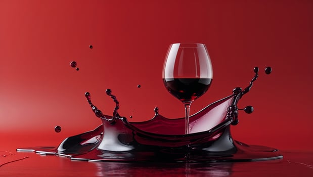 Wine splashes dramatically around a glass on a vibrant red background photo