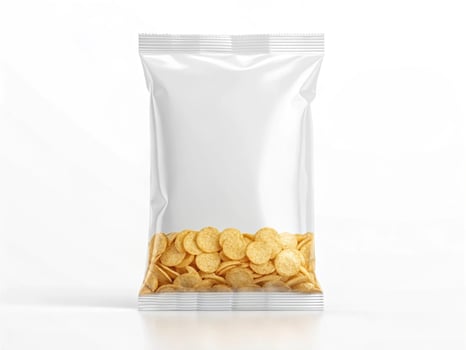 Partially filled transparent plastic bag containing round, yellowish snack chips, sealed at the top with a crimped edg - Snack Packaging Concept photo