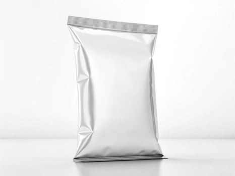 Silver foil packaging bag with a ribbed seal standing upright on a flat surfac - Minimalist Food Packaging Concept photo