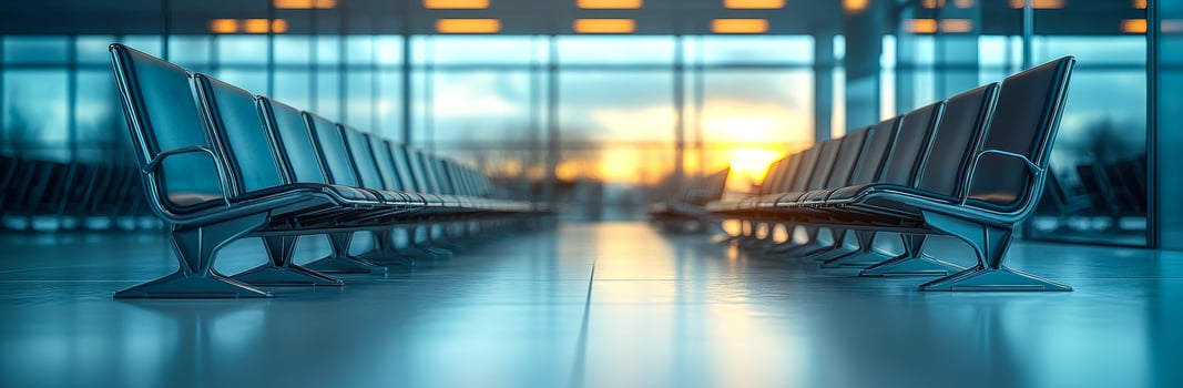 Waiting area at sunset in an airport. Passengers relax in an airport waiting area as the sun sets, creating a serene atmosphere with warm lighting. photo