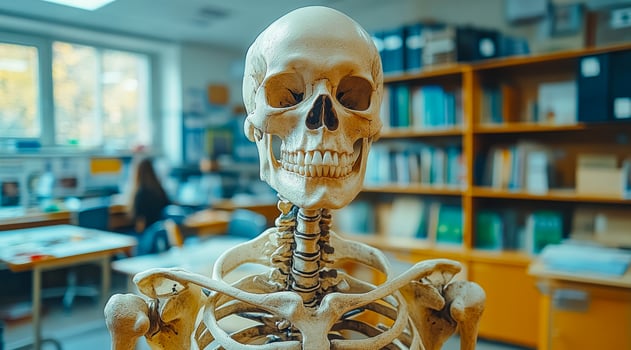 Classroom human skeleton model. A detailed human skeleton model is prominently displayed in a classroom filled with educational materials and students. photo