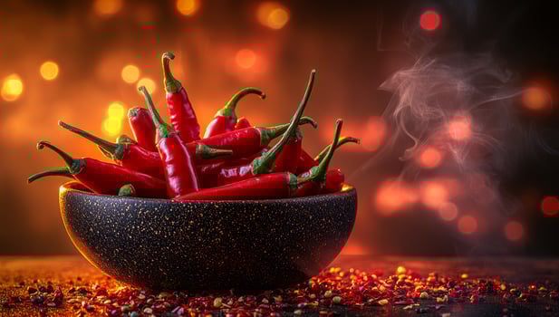 Fresh red chili peppers in a bowl. Vibrant red chili peppers fill a dark bowl, with smoke rising and a blurred festive background. photo