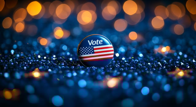 Vote button on a sparkling background. A vibrant Vote button with an American flag sits on a shiny blue surface, highlighting civic engagement. photo