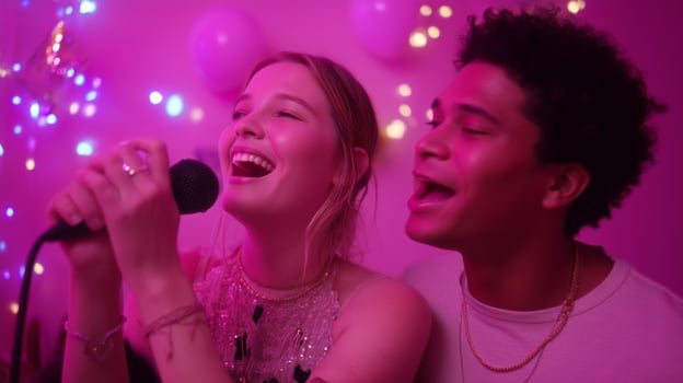 Young adults enjoy karaoke night with joyful singing and vibrant lights in a cozy indoor setting during a weekend gathering photo