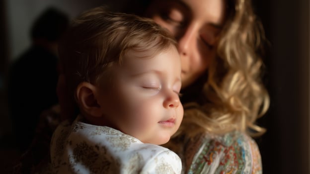 Mother gently cradles her peacefully sleeping baby in a cozy indoor setting during the afternoon photo