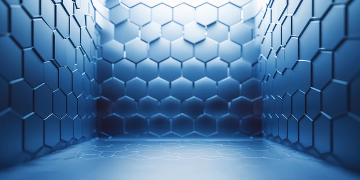 Modern abstract design featuring blue hexagonal patterns in a three-dimensional space for a futuristic setting photo