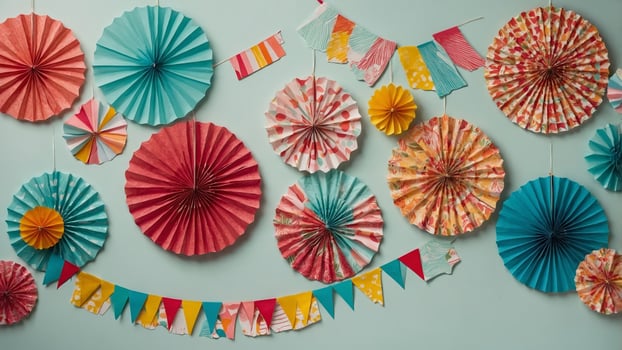 Colorful paper decorations adorn a wall for a festive celebration in a cheerful atmosphere photo