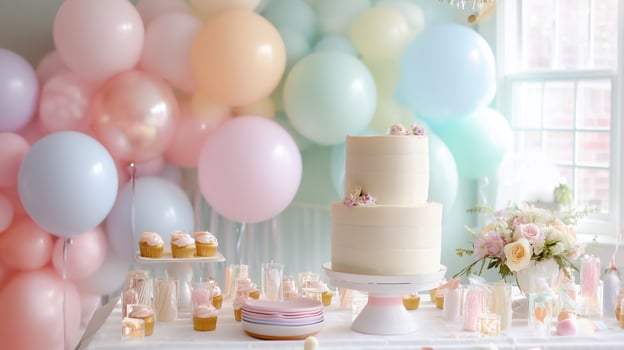 Celebration of a special occasion with a decorated dessert table featuring cupcakes and a tiered cake surrounded by balloons photo