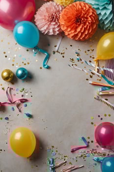 Colorful party decorations and confetti create a festive atmosphere for a special celebration in a joyful setting photo