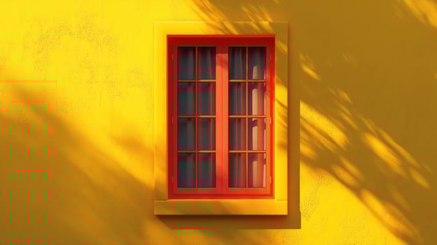 Vintage red window on red facade image. Vivid color building exterior with shadows photography scene photorealistic. Architectural style of old town concept photo realistic