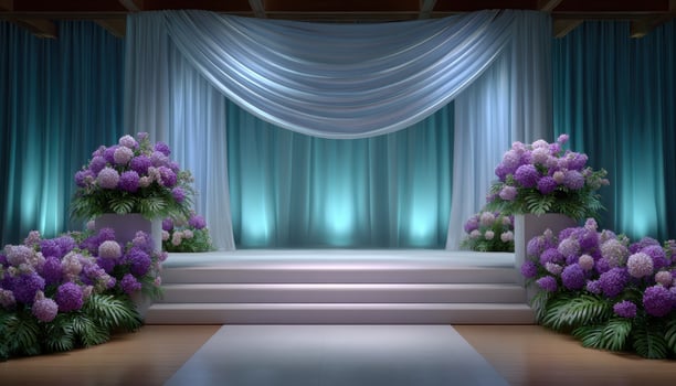 Elegant wedding stage design with floral accents indoor venue event setup serene atmosphere photo
