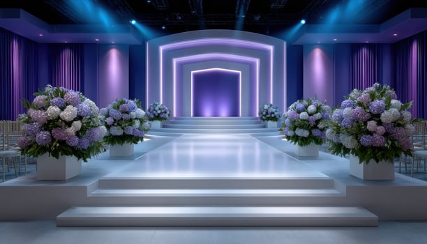 Elegant wedding stage design with structured lighting indoor venue floral decor contemporary style photo