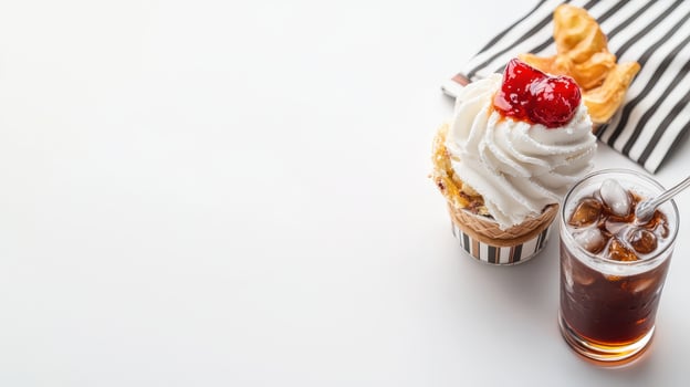 A delicious cupcake topped with whipped cream and strawberry preserves sits next to a refreshing glass of iced cola on a white background perfect for a sweet treat advertisement. photo
