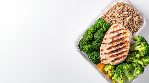 A healthy meal prep container features grilled chicken breast alongside steamed broccoli and brown rice perfect for a nutritious lunch or dinner. photo