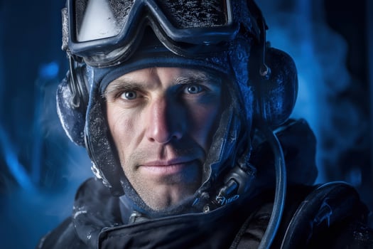 Rugged adventurer in cold weather gear, wearing large goggles and a headset. Blue lighting emphasizes facial features and icy textures. Focused expression with snow on clothing and equipment photo