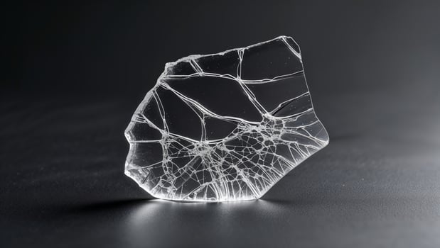 Transparent crystal shard displaying intricate fracture patterns on a dark surface illuminated by soft light photo