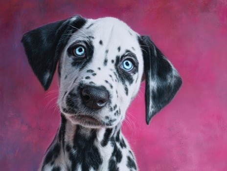 Young Dalmatian puppy with bright blue eyes and distinctive black spots sits with a curious tilt of the head. The background has a painterly effect in shades of vivid pink photo