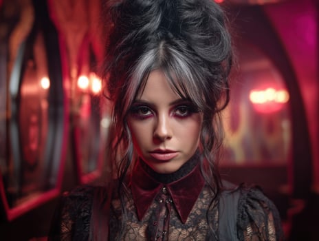 Dark-haired woman with expressive makeup, wearing a lace top and velvet collar, stands indoors. Her hair is styled in an elegant updo. Red lighting adds a gothic atmosphere photo