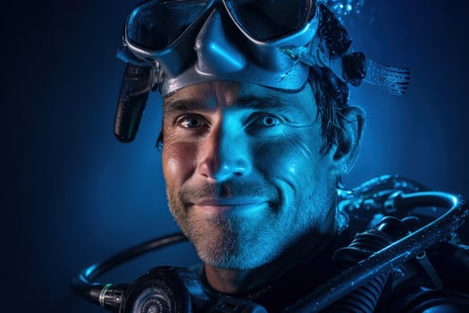 Smiling diver wearing diving mask and gear, illuminated with blue light, showcasing water droplets and helmet details. Close-up portrait highlights adventure and exploration theme photo