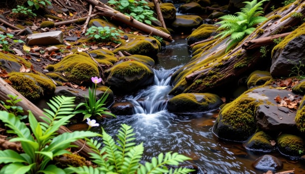 a cool glen with trickling water and ferns, where woodland flowers peek between roots and rocks. photo
