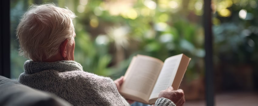 The elderly man enjoying a peaceful reading moment in a tranquil indoor space. photo