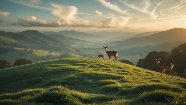 Deer Standing on Hilltop Overlooking Valley at Dawn with Wispy Clouds photo
