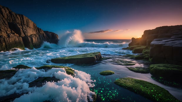 Ocean Waves Crashing on Rocky Shoreline at Sunset with Starry Sky photo
