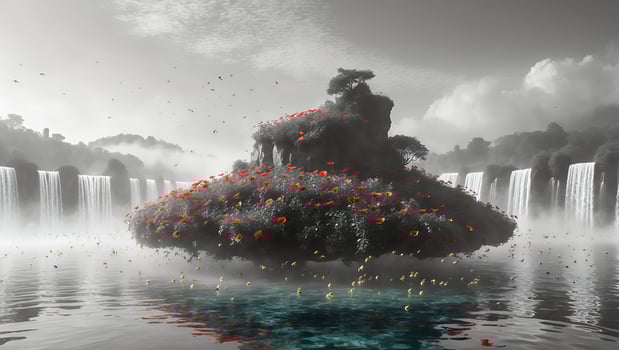 Floating Island with Red Flowers in a Waterfall Lake Setting photo